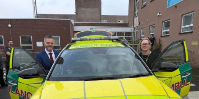 Health Minister Robbie Butler and NIAS Chief Executive Jenny Keane outside RRV