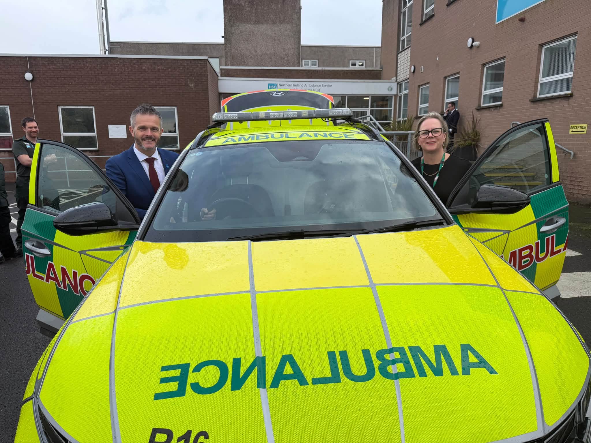 Health Minister Robbie Butler and NIAS Chief Executive Jenny Keane outside RRV
